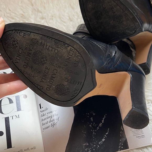 Vince Camuto 
VC Curtis Boots/Bootie 
Black Heeled Ankle Boots w/ Gold Buckle - Picture 8 of 10